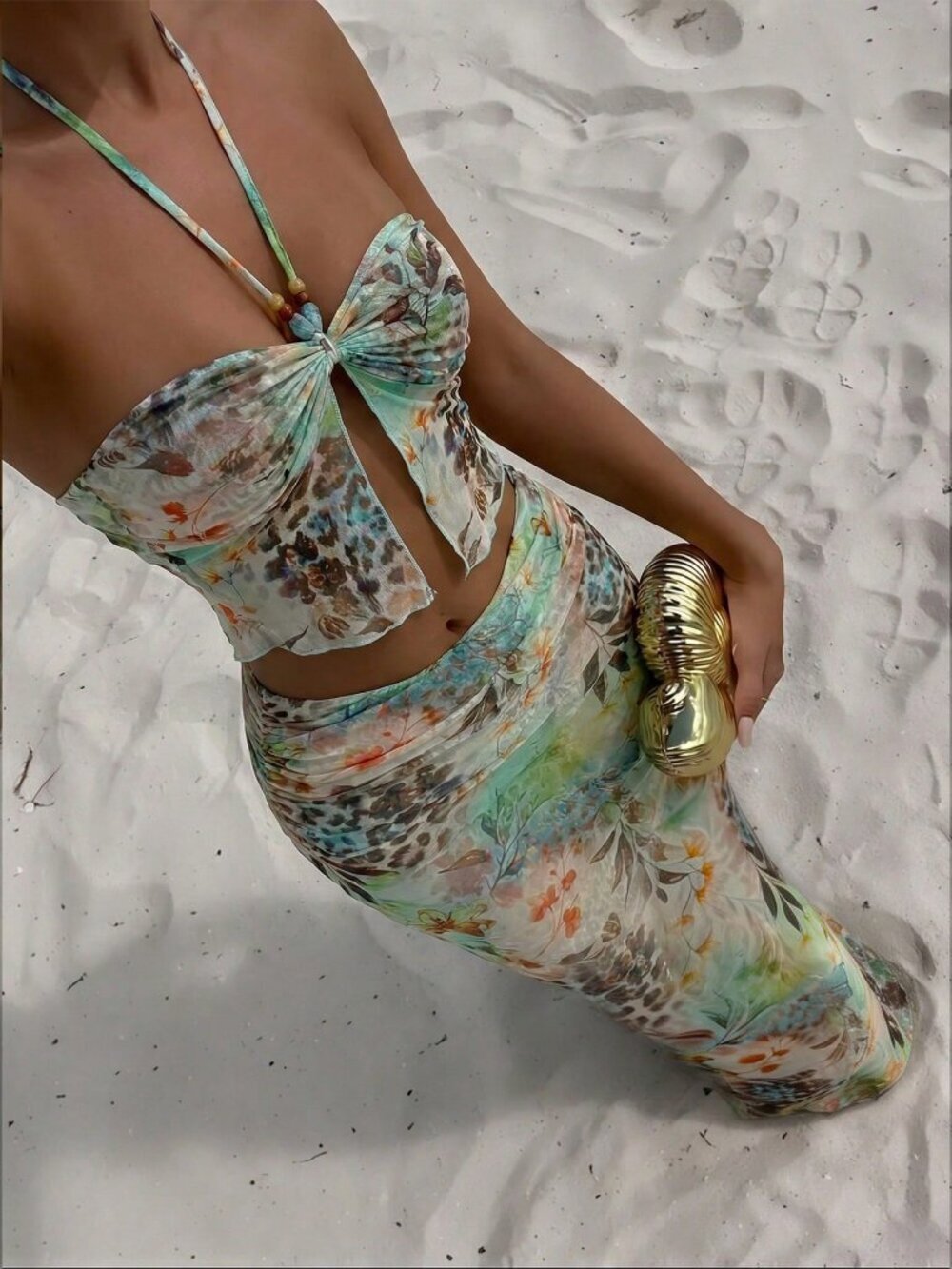 Multicolor Boho Women's Floral Leopard Print Semi-Sheer 3-Piece Set